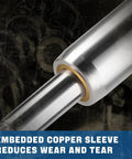 Close-up of industrial dial indicator shaft with embedded copper sleeve, showing smooth motion for precision machining.