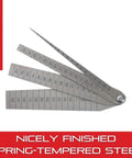 Taper Gauge With Spring Tempered Steel For Fast Hole And Slot Sizing One Sixteenth To One And One Sixteenth Inch Range, fanned.