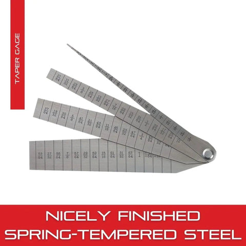 Taper Gauge With Spring Tempered Steel For Fast Hole And Slot Sizing One Sixteenth To One And One Sixteenth Inch Range, fanned.