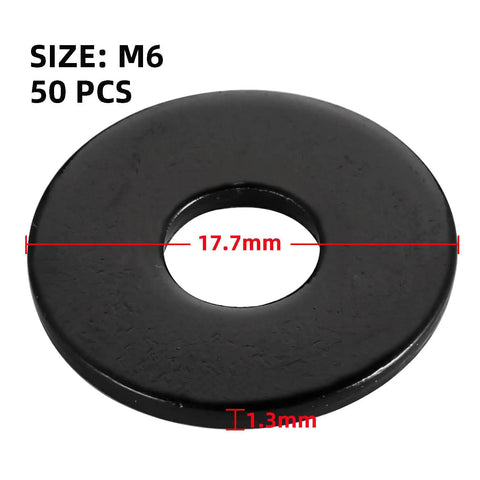 50 Pack M6 Stainless Flat Washers With Black Finish For Screws And Bolts 17.7 Mm Outer Diameter 6.6 Mm Inner Diameter 1.3 Mm Thick