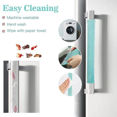 Refrigerator Door Handle Covers Set Of 4 Plush Washable Anti Dust With Hook And Loop Fasteners shown in turquoise on kitchen handle.