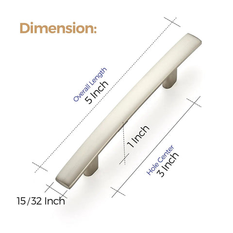 Brushed Nickel Cabinet Handles Set 30 Pack Slim Curved Drawer Pulls 5 3 16 Inch Length With 3 Inch Hole Centers dimensions