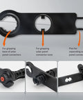 Tool for gripping and separating solar panel connectors, shown with detailed views of connector engagement points and features.