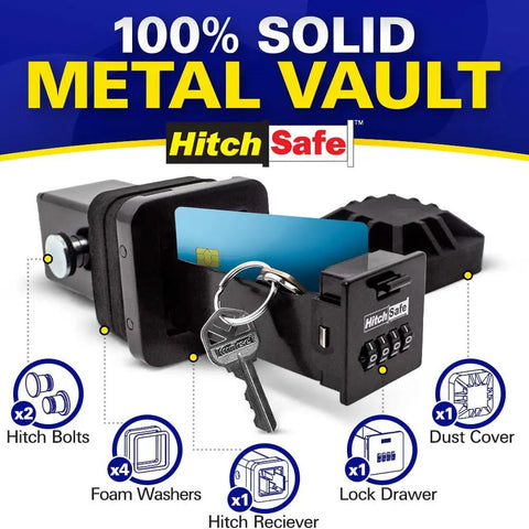Solid Steel Hidden Trailer Hitch Locker With FourDigit Combo Lock secret stash safe with key and card compartment.