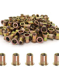 Front view of 3/8-16 rivet nuts, carbon steel, yellow zinc-coated flat-head, 100 pcs assortment.