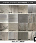 Driftwood color chart showcasing various wood types including White Oak, Red Oak, and Hickory for Slick Water Based Aging Wood Stain.