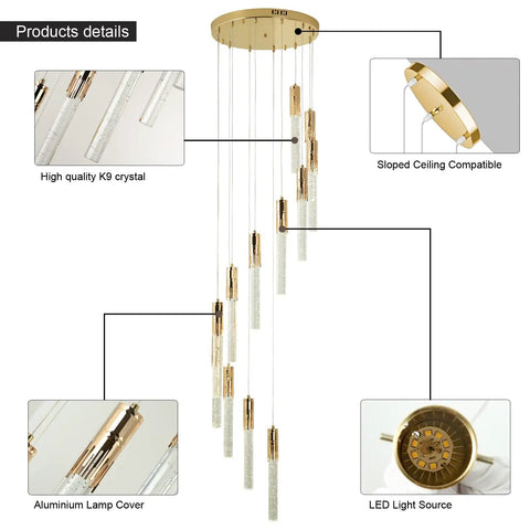 Detailed view of 81 Inch High Ceiling Crystal Chandelier With 12 Lights, featuring gold finish, LED light source, K9 crystals.