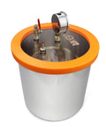 Front view of BACOENG 3-Gallon stainless steel resin trap vacuum degassing chamber with orange lid rim and fittings