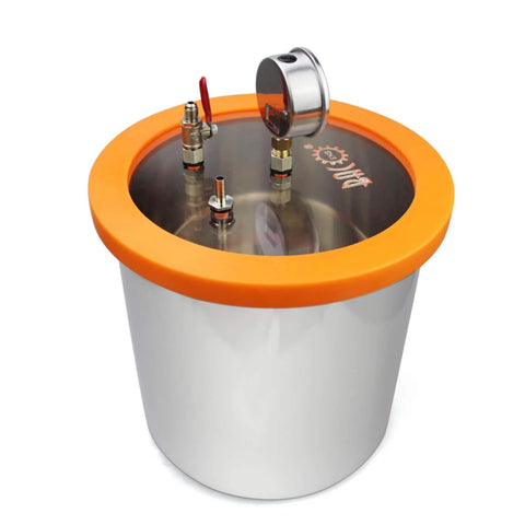 Front view of BACOENG 3-Gallon stainless steel resin trap vacuum degassing chamber with orange lid rim and fittings