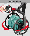 Rotating 360 Degree Garden Hose Reel Wall Mounted Outdoor Heavy Duty Metal Water Hose Holder And Organizer Holds 125 Feet Of 5/8 Inch Hose With 3.9 Foot Leader Hose For Outdoor Yard No Kink No Mess Black shown with rotation feature.