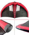Inflatable Wing Surf Kite for Wind Foiling and Kitesurfing, 5 Square Meters, red polyester with reinforced edges. Front and detail view.
