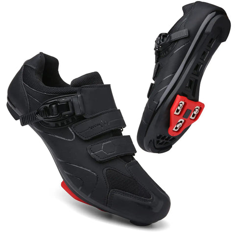 Mens Womens Cycling Shoes For Peloton Compatible With Clip In Look Delta Cleats Included Preinstalled Black US 13 EU 48 Road Bike Shoes Ready To Clip In And Ride All Day, showing side and sole view featuring cleats.