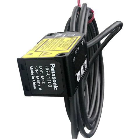 Knockout Precision Laser Distance Sensor Replacement For HG-C1030 Tough Industrial Gauge with wiring and yellow label, side view.