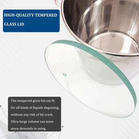 Tempered glass vacuum chamber lid with green gasket beside stainless steel degassing vessel