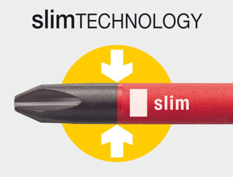 Close-up of Insulated SlimLine Interchangeable Pro-Grade Screwdriver Set, slim blade for tight spaces, 1000 Volt Rated.