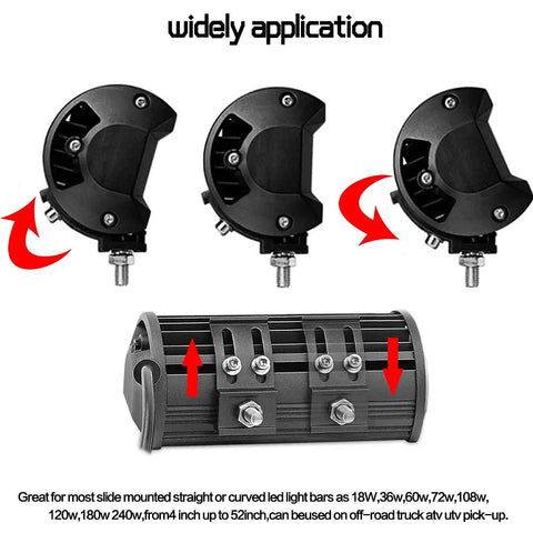 Bottom Mounted LED Light Bar Brackets Kit 2 Pack Adjustable Universal Slide Base Mounts For LED Pods And Work Light Bars Rugged Heavy Duty reverse side multiple brackets shown
