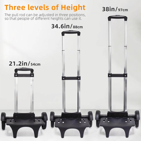 Transformable Backpack Trolley Cart with Aluminum Alloy Frame shown with three adjustable height levels and large tank wheels.
