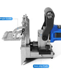 Close-up of Dual Spindle Dowel Jointer With Adjustable Tilt Fence for Precise Wood Joints showcasing angle guide and non-slip pads.