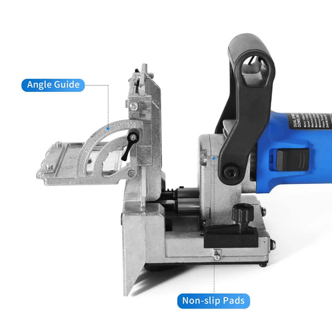 Close-up of Dual Spindle Dowel Jointer With Adjustable Tilt Fence for Precise Wood Joints showcasing angle guide and non-slip pads.