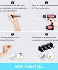 Installation guide for Wall Mount Mop And Broom Holder With 3 Slots And 4 Hooks, showing drilling and anchoring steps