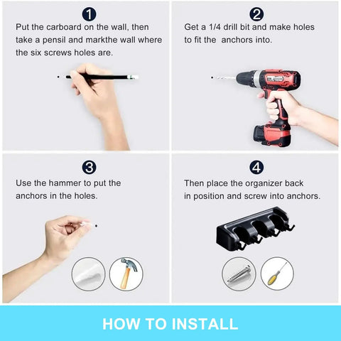 Installation guide for Wall Mount Mop And Broom Holder With 3 Slots And 4 Hooks, showing drilling and anchoring steps