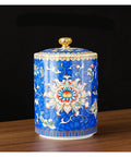 Premium Vintage Enamel Ceramic Tea Storage Jar Airtight Large Capacity Dry Food Canister For Coffee Beans Spices Nuts And Loose Leaf Tea with blue floral design.