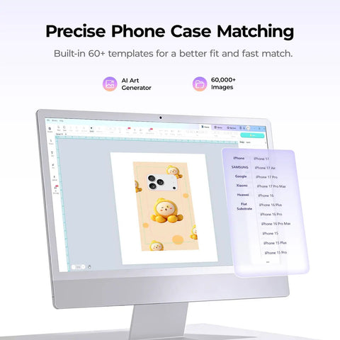 Auto 3D Vacuum Phone Case Heat Press Machine For Custom Sublimation Printing On Curved IPhone And Android Covers With Straight Fire Vivid Graphics And Boss Level Build Quality For Side Hustle Creators on monitor showing designs.
