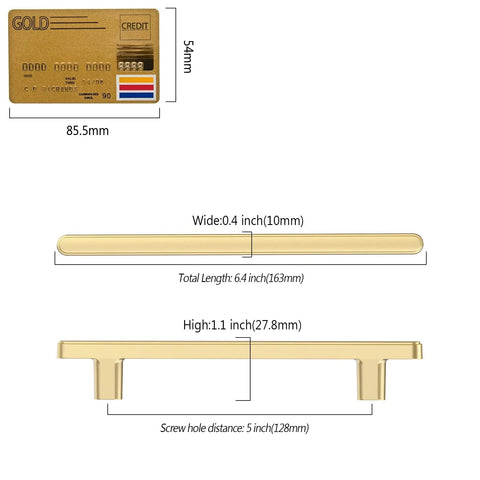 Dimensions diagram for Gold Cabinet Pulls 5 Inch Center To Center 6.4 Inch Overall Length Brushed Gold Drawer Hardware