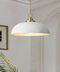 Top Shelf Matte White Farmhouse Pendant Light With Burnished Brass Accents and Super Adjustable Chain, 15.7in shade, perfect for dining spaces.