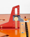 Pro Grade Woodworking Height Gauge For Quick Depth And Height Readouts, CNC Machined Aluminum Setting Gauge with Dual Scale shown on table saw