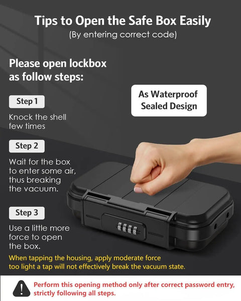Portable Safe Box With Combo Lock, Waterproof Anti Theft Security Case shown with steps to open and sealed design label