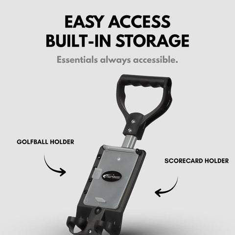 Ultra Lightweight Two Wheel Golf Push Cart Featuring A Smooth Glide Frame And Quick Compact Fold Setup for easy access with built-in golf ball and scorecard holders.