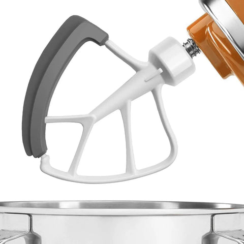 Flex Edge Beater Replacement for KitchenAid Tilt-Head Stand Mixers, 4.5-5 Quart, in white, shown attached over a mixing bowl.