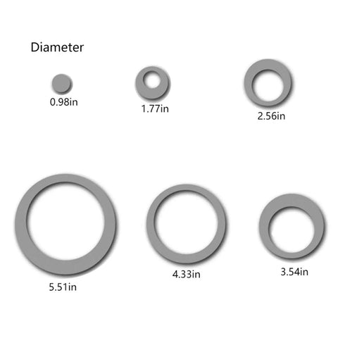 Diagram of 24Pcs Acrylic Circle Mirror Wall Stickers Set For DIY Home Decor, showing six different circle sizes in inches.