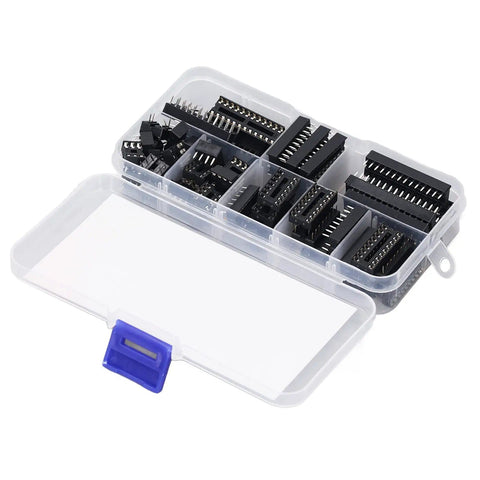 66Pcs Insulated IC Socket Kit 6P To 28P Flat Pin Sockets for PCB Boards in storage box, plastic sockets for chip mounting