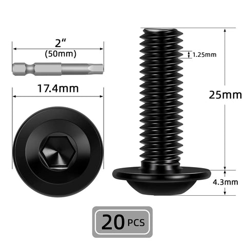 20 Pack M8 X 25mm Flanged Button Head Socket Cap Screws 304 Stainless Steel Fasteners Black Coated With Hex Driver dimensions and details