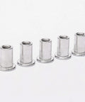 100 Piece M6 Flat Head Threaded Aluminum Rivet Nut Blind Insert Nut Set With Tool For Easy Installation, five nuts close-up