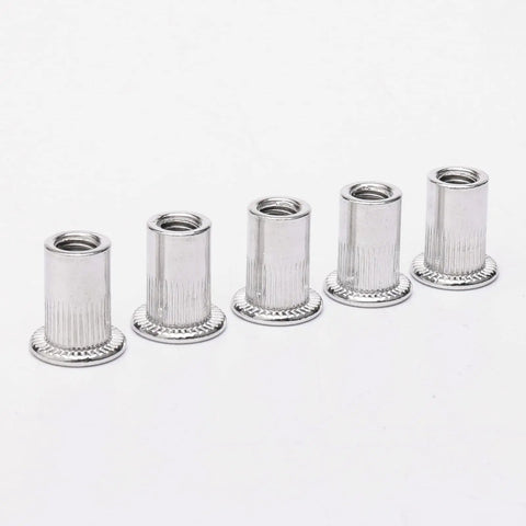 100 Piece M6 Flat Head Threaded Aluminum Rivet Nut Blind Insert Nut Set With Tool For Easy Installation, five nuts close-up