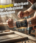 Adjustable Magnetic Wristband For Screws Nails And Small Tools Perfect For Mechanics Handymen And DIYers Keeps Tiny Parts Secure On Your Wrist For Quick Access And Faster Builds With Pro Grade Convenience. man wearing black adjustable magnetic wristband holding screws