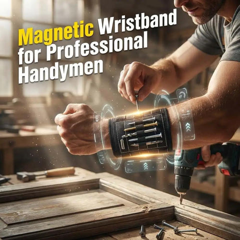 Adjustable Magnetic Wristband For Screws Nails And Small Tools Perfect For Mechanics Handymen And DIYers Keeps Tiny Parts Secure On Your Wrist For Quick Access And Faster Builds With Pro Grade Convenience. man wearing black adjustable magnetic wristband holding screws