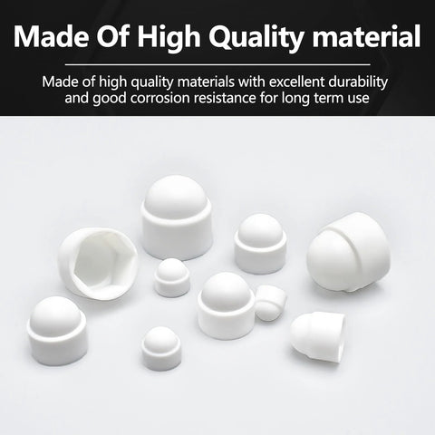 197 Piece White Plastic Bolt Covers Set For Hex Bolts M4 To M12, showcasing multiple sizes of protective caps against rust and dust.