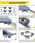 Assembly steps for Adjustable Furniture Dolly With Four Dual Locking Wheels, showing parts, assembly, and completed dolly.