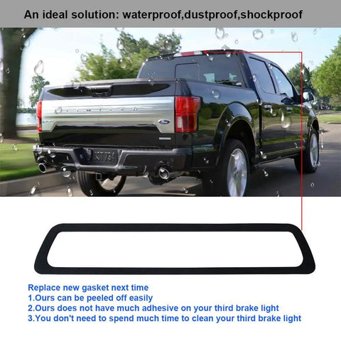 Ford F150 Third Brake Light Seal Gasket Beefed-Up Replacement With Thick Foam, Heavy Duty Water Leak Barrier For 2009 2010 2011 2012 2013 2014 Pickup, Easy Install And Durable Seal. Black foam gasket shown with Ford F-150 rear brake light