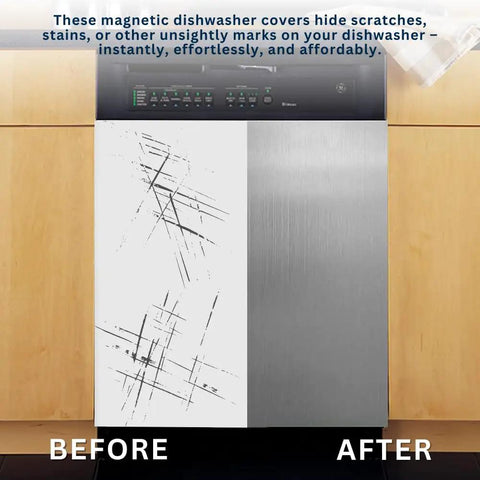 Instant Stainless Steel Magnetic Dishwasher Cover For Front Panel Reusable Decal showing before and after application