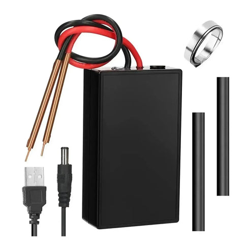 Mini Touch Spot Welder Kit For Home Projects, 5V Portable DIY Welder With 6 Adjustable Speeds, black box, cables, and accessories