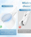 Comparison of newly upgraded silicone top toilet paper clamp with wipes holder and no slip grip against previous model, highlighting secure hold.