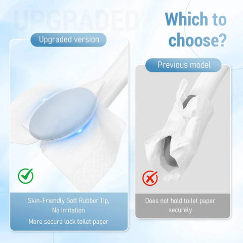 Comparison of newly upgraded silicone top toilet paper clamp with wipes holder and no slip grip against previous model, highlighting secure hold.