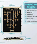 Dimensions of LED Edition Morse Code Trainer Card Pro Interactive Pocket PCB Kit with specs displayed.