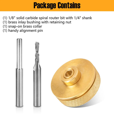 Inlay Router Bit Bushing Set For Quarter Inch Templates With One Eighth Inch Carbide Spiral Bit And Quarter Inch Shank components