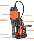 Powerful 110V Portable Magnetic Drill Machine MD-60 with detailed features like rocker arm, control panel, and replaceable drill bits.